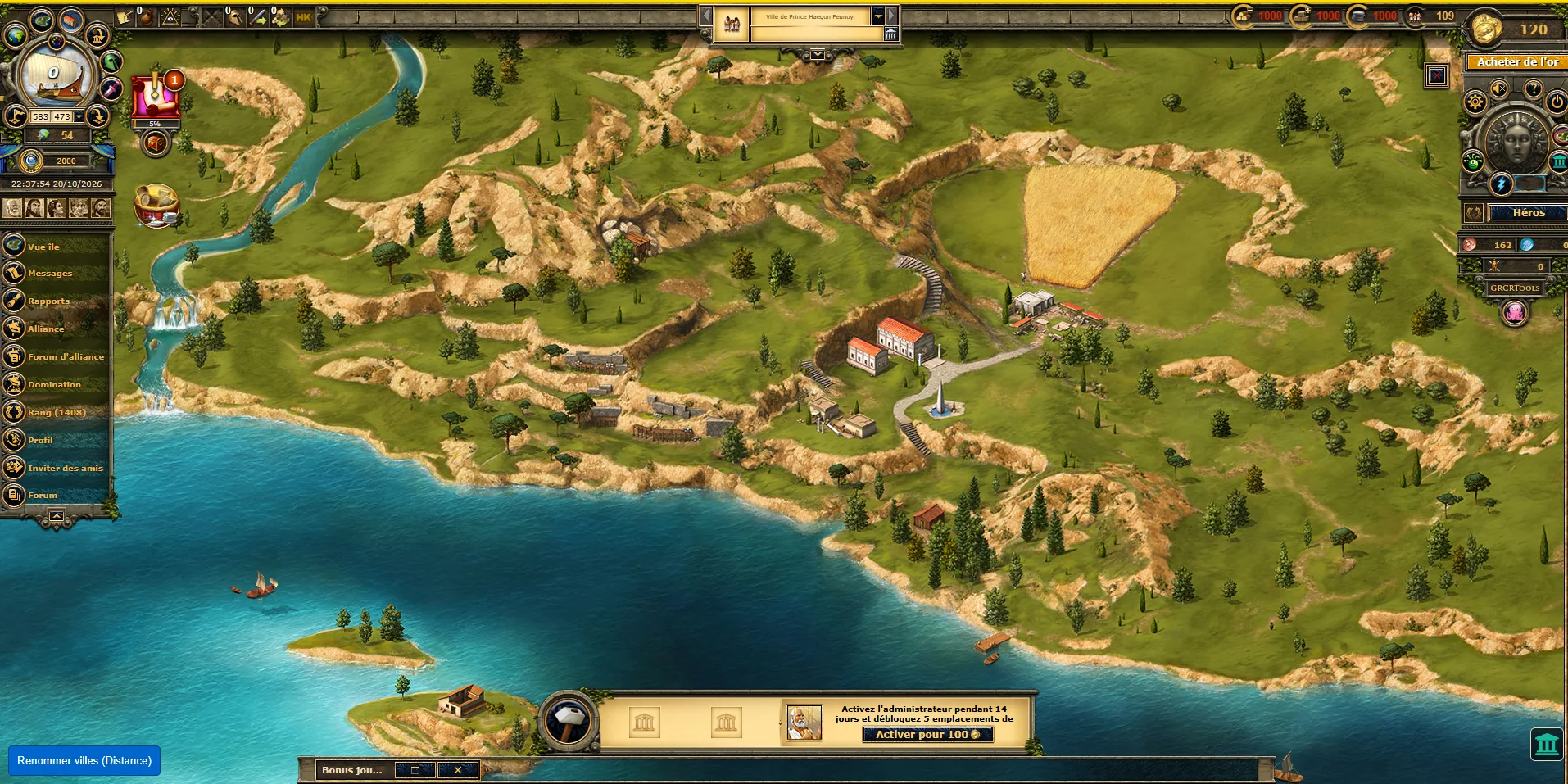Véritable capture du jeu Grepolis : carte côtière et interface du jeu