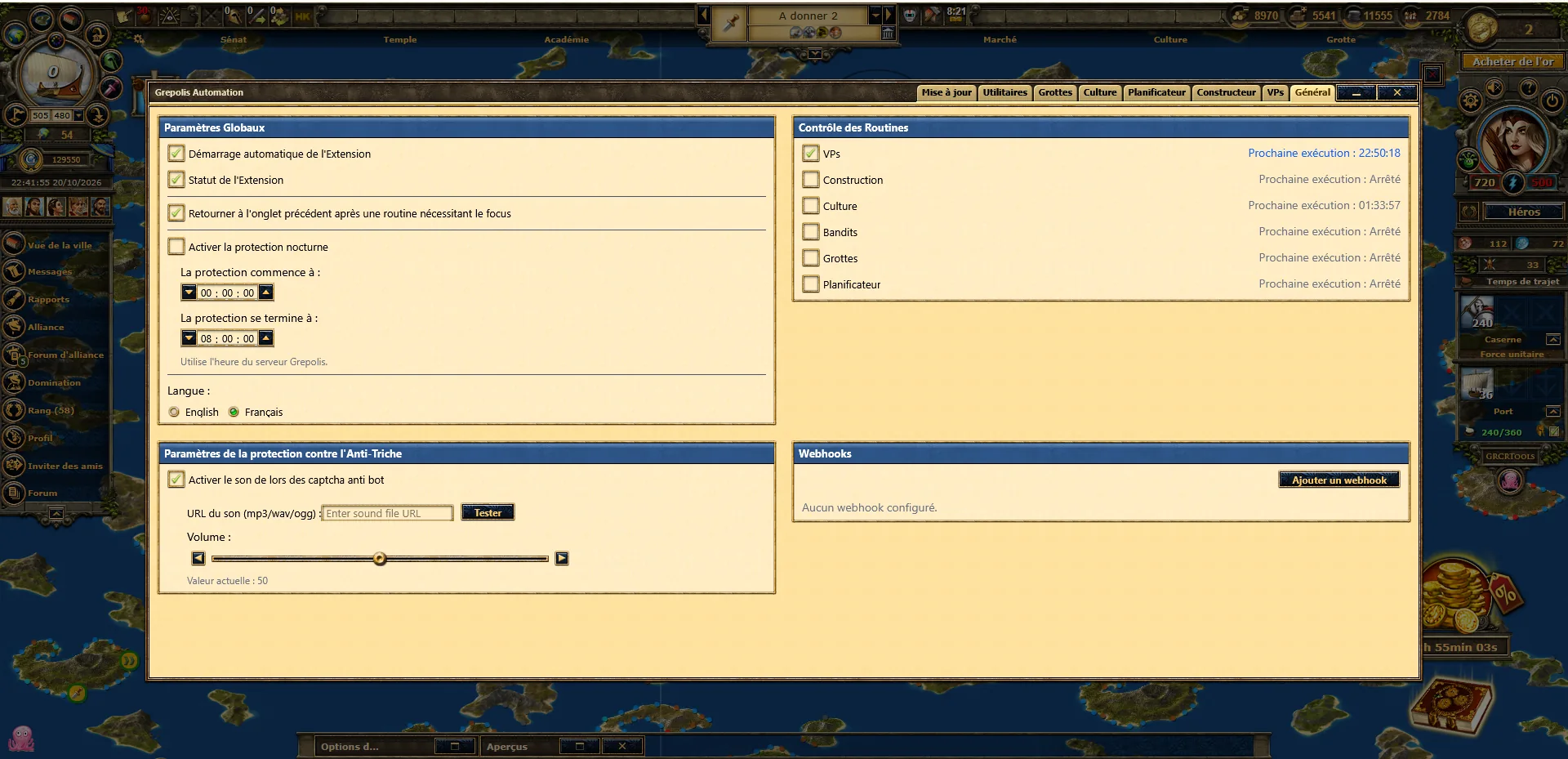 Capture d'un outil tiers d'automatisation Grepolis